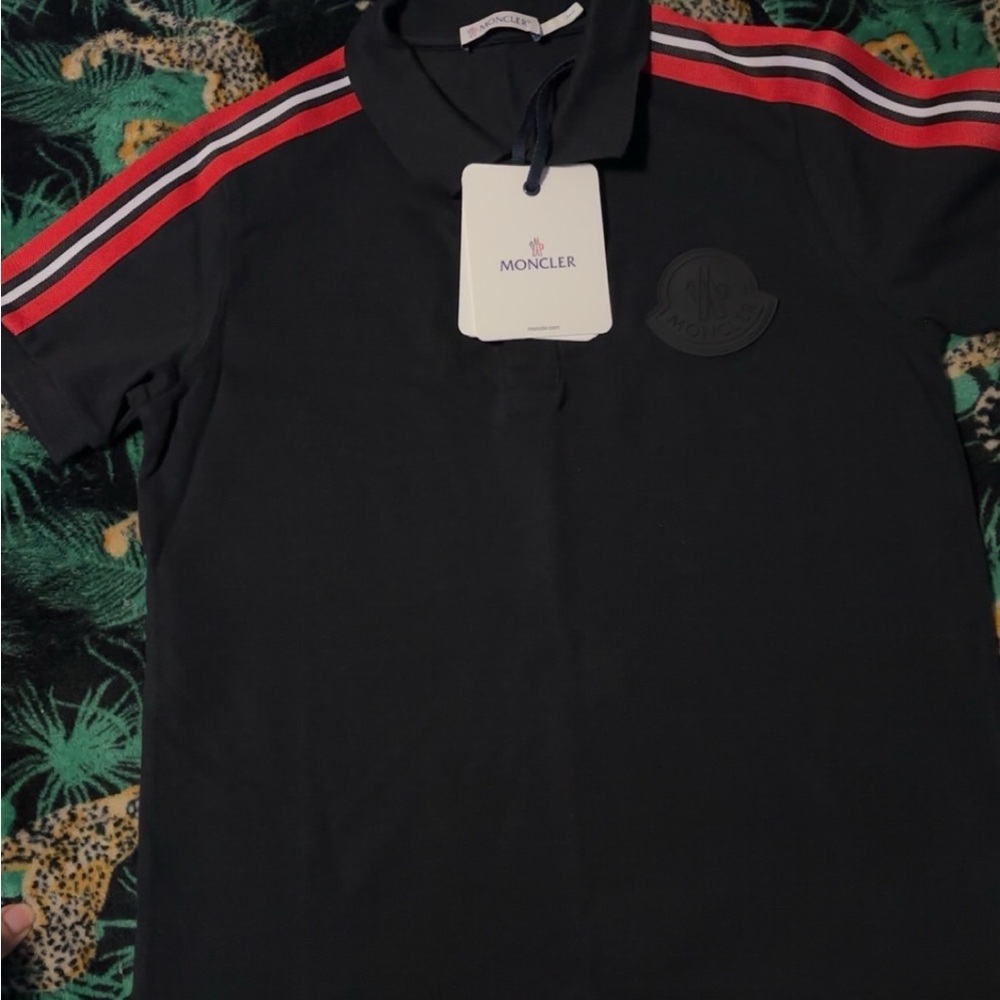 Moncler Black Polo Shirt with Red Stripes
